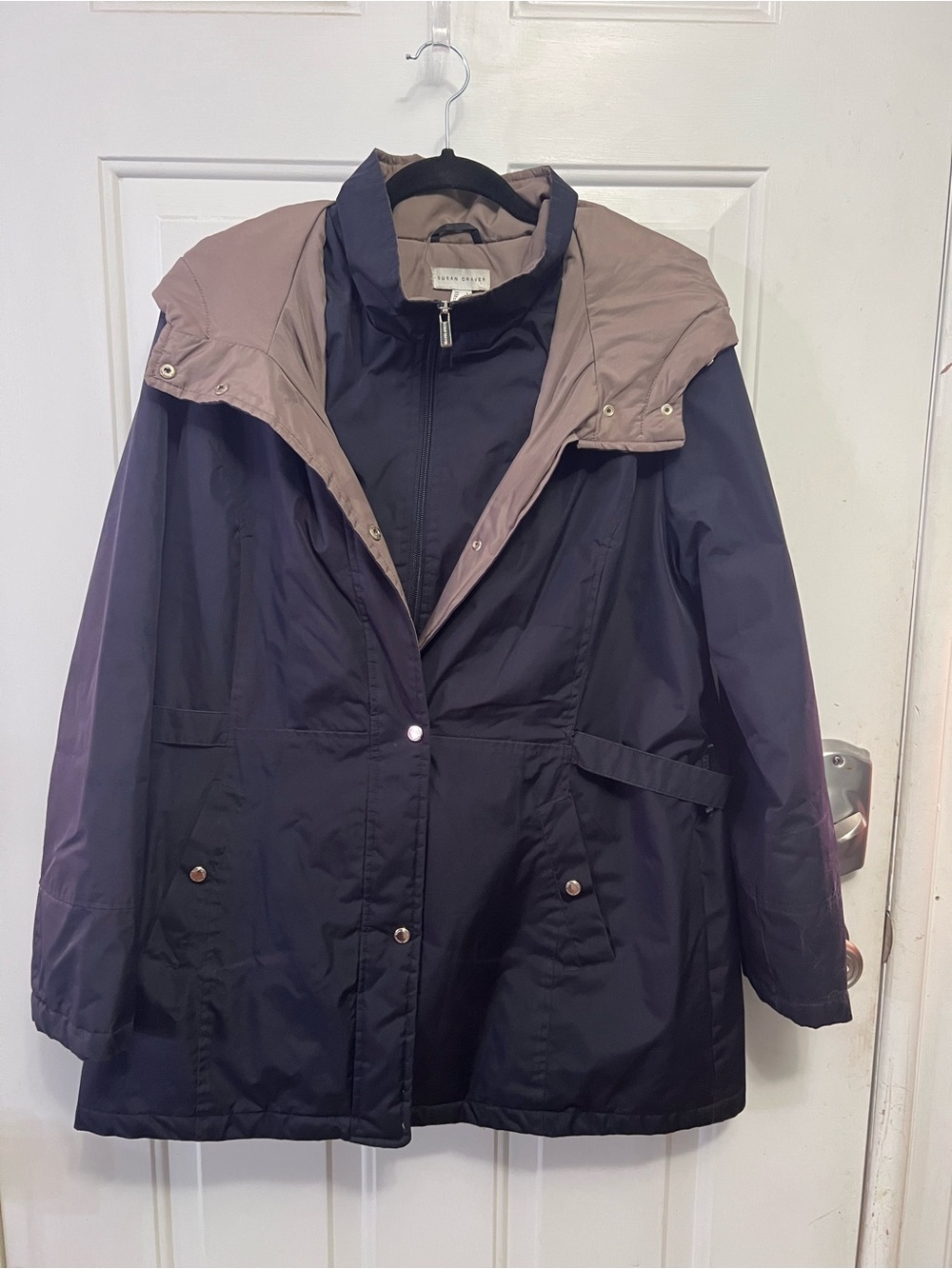 Susan Graver Women’s Large Navy Hooded Jacket Attached Zip Front Inner Vest Coat